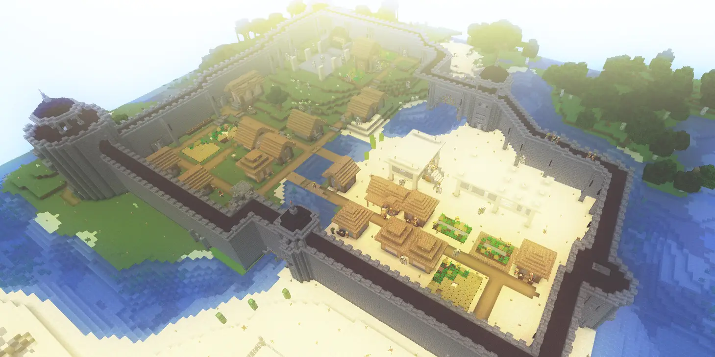 一個在Minecraft中由城牆圍起的村莊，並有護城河、森林、沙地圍繞在旁。